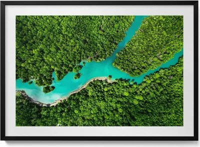 Produktbild von Blick aus der Vogelperspektive auf einen Fluss in tropischen Wäldern– Wandbild mit Rahmen – Gerahmtes Bild  – Wanddekoration – 100x70 cm –  Schwarz Rahmen