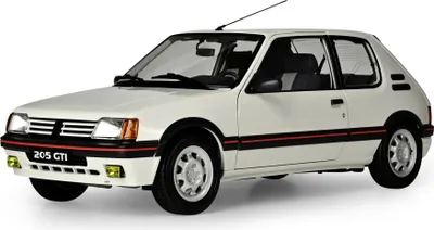 Zdjęcie produktu dla Model samochodu IXO Peugeot 205 GTI w skali 1:8, metalowy zestaw, światło, dźwięk, biały
