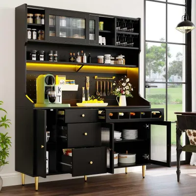Image de Armoire haute moderne avec éclairage LED, étagères réglables, tiroir et casier à bouteilles – idéale pour le salon, la cuisine ou la salle à manger, 145 × 39 × 171 cm, noir