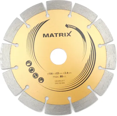 A close-up, centered shot of a circular saw blade with a gold-colored center and silver-colored segmented edges.