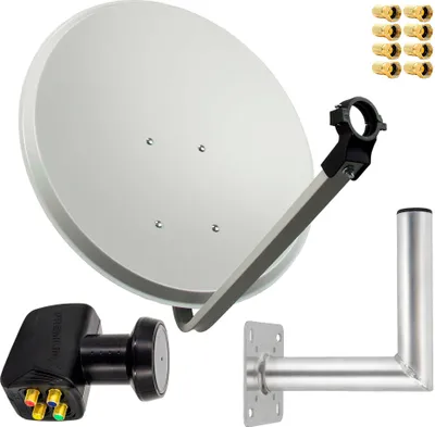 A satellite dish antenna kit with various components laid out on a white background.