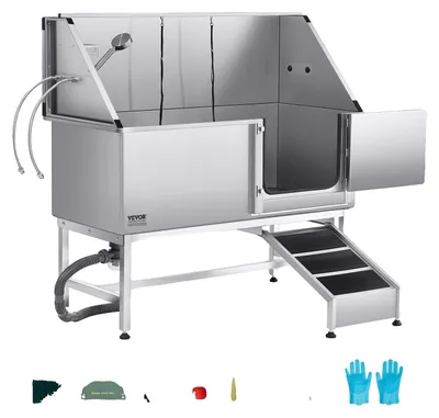 Zdjęcie produktu dla VEVOR myjnia dla psów ze stali nierdzewnej, 1500x700x1495 mm wanna do pielęgnacji zwierząt z rampą, płytą filtrującą wodę PE, kranem, głowicą prysznicową i uchwytem na mydło, dla dużych, średnich i małych zwierząt (prawe drzwi)
