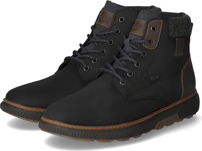 A pair of black leather boots with brown accents and laces, presented against a white background.
