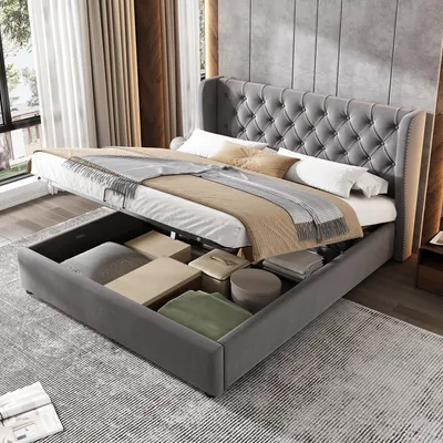Produktbild von Flieks Polsterbett 140x200cm, Hydraulisches Boxspringbett mit Lattenrost, Stauraumbett Doppelbett Jugendbett mit Stauraum, Funktionsbett Samt, Grau