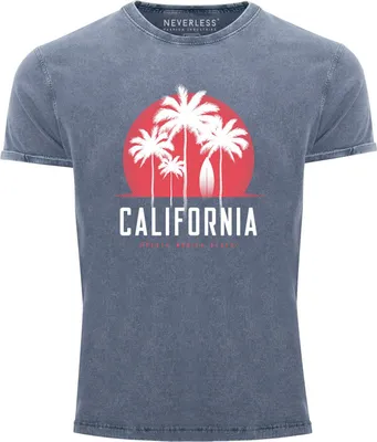 Produktbild von Herren T-Shirt California Palmen Santa Monica Beach Sommer Sonne Vintage Shirt PrintshirtNeverless® blau L