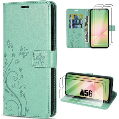 Image de Coque + 2 Verres Trempés pour Samsung Galaxy A56 5G, Protection Antichoc Anti-Rayures CuirPolyuréthaneMotif Fleur Papillon Vert