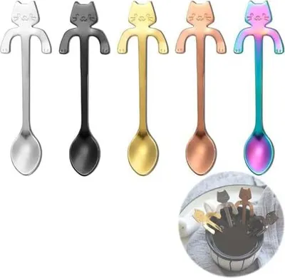 Produktbild von Lezed Katze Kaffeelöffel, Katzen Kaffee Löffel, Katze Teelöffel Dessertlöffel, Nachmittagsteelöffel, Edelstahl Kätzchen Hängendes Design für Tee, Milch, Kaffee, Dessert, Drink, Milchshake 5 Stück