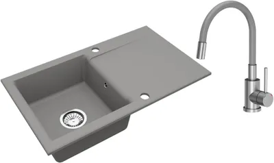 Produktbild von VBChome Granitspüle 76 x 44 cm Grau mit flexibler Armatur Einzelbecken Einbauspüle Reversibel Gesprenkelt Pflegeleichtes Spülbecken mit Siphon
