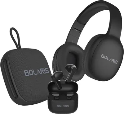 Image de Bolaris, Audio Pack 3-en-1 Casque stéréo Malaga / Haut-parleur Bluetooth / Écouteurs Valencia, Noir