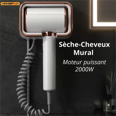 Image de Sèche-Cheveux Hôtel Mural 2000W – Sèche-Cheveux de Salle de Bain avec Prise EU, Air Chaud et Froid, Sèche-Cheveux Silencieux - Blanc