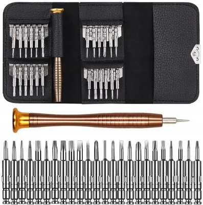 A set of precision screwdrivers and their case, laid out on a white background.