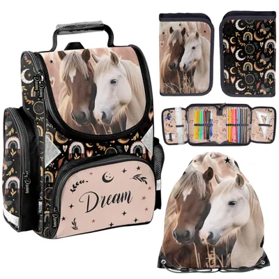 Produktbild von Schulranzen Pferd Horse für Kinder mit Federmäppchen 1-3 Klasse 3-TEILIGES SCHULSET
