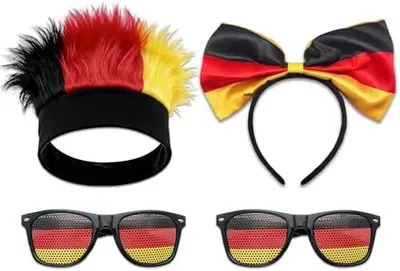 Produktbild von 12-tlg Deutschland Fanartikel Set für Fussball WM 2026 - 4 Zubehör mit Perücke, Schleife Haarreif, 4 Gitterbrillen & Tattoos - Schwarz-Rot-Gold Outfit für Public Viewing & Party