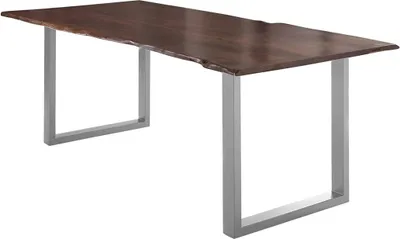 Produktbild von Esstisch 220x100 cm Lubin, Akazienholz nussbaumfarben, Massiver Esszimmertisch mit echter Baumkante, Baumkantentisch mit U-Gestell Silber, 26 mm Tischplatte