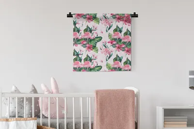 Produktbild von MuchoWow® Wandteppich Wandbehang Flamingo - Blumen - Blätter - Muster 60x60 cm Tapisserie Dekoration Wandtuch - Dekorationen - Wand Decke