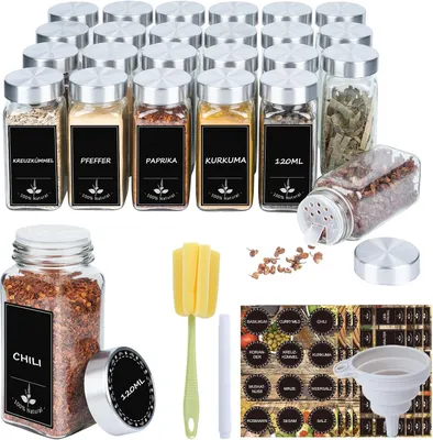 Image de Ensemble de 24 pots à épices ROSEJANE, pots en verre carrés de 120 ml, avec doseur, étiquettes et entonnoir, couvercle en acier inoxydable hermétique
