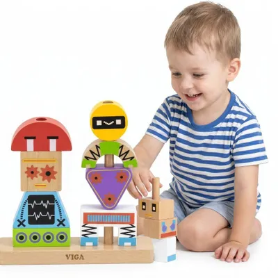 Produktbild von Viga Robots Pyramidenpuzzle + Muster 8 Teile.