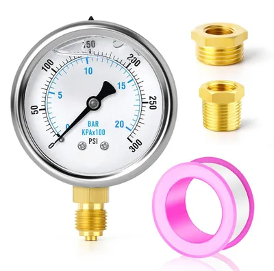 Imagen del producto de Manómetro de líquido, acero inoxidable, 0-21 bar/0-300 PSI, conexión de 1/4" BSP, esfera de 2,5", para agua y aceite