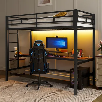 A loft bed with a desk and gaming chair underneath, illuminated by LED lighting.