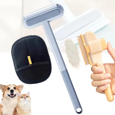 Obrázek produktu pro 3 v 1 kartáč na blechy pro domácí mazlíčky, samočisticí kartáč na blechy a rukavice pro domácí mazlíčky