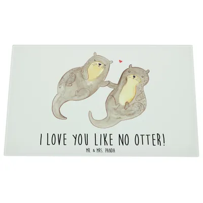 Produktbild von Mr. & Mrs. Panda schneidbrett Otter Hände halten - Weiß - Geschenk, Glasschneidebrett, Verliebt, Paar, Schneidebrett Glas, Seeotter, Hackbrett, Liebe, glücklich