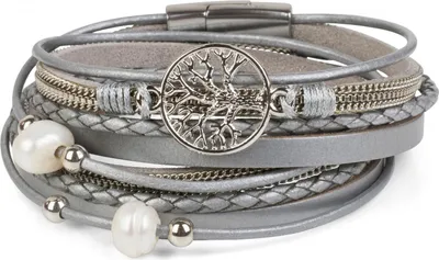 Produktbild von styleBREAKER Wickelarmband mit Perlen, Ketten, Flecht Element und Lebensbaum Anhänger, Magnetverschluss, Armband, Damen 05040070