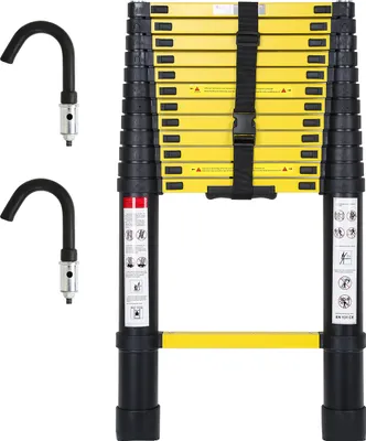 Obrázok produktu pre Jopassy teleskopický rebrík hliníkový Ľahký nekĺzavý 3,8 m čierny + háčiky Multifunkčný rebrík Viacúčelový rebrík Výsuvný rebrík 15 stupňov Stupňovité rebríky z vysokokvalitného hliníka Nosnosť 150 kg