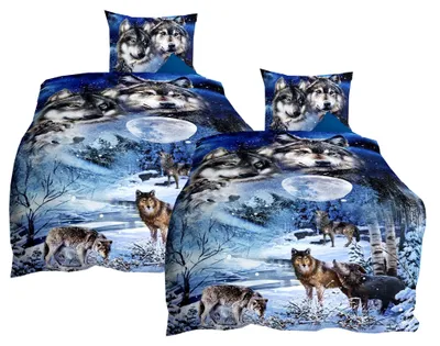Produktbild von JACK by Kaeppel Mako Satin 4tlg. 135x200cm Digitaldruck Bettwäsche Wolf Nights Saphir Blau Anthrazit Grau Wölfe Mond