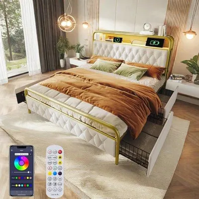 Obrázek produktu pro Postel pro dva, rozměry 140x200 cm, s LED osvětlením a USB portem – čalouněná postel s úložným prostorem ve formě zásuvek