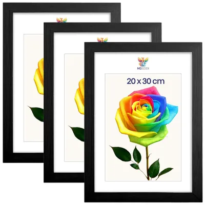 Produktbild von MG Design 3er Set Bilderrahmen Schwarz 20x30 cm - Echtholzrahmen mit Acrylglas, hoch/quer, zum Aufhängen & Aufstellen