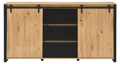 Produktbild von Sideboard mit 2 Schiebetüren und 3 Schubladen aus MDF und schwarzem Metall – Naturfarben – BELINARO