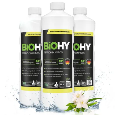Produktbild von BiOHY Teppichshampoo + Dosierer, Teppichshampoo Konzentrat, Teppichreiniger, 3 x 1 l
