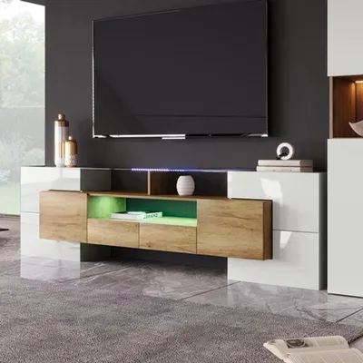 Imagen del producto de Mueble de TV - 200 cm de ancho - Blanco brillante - Diseño moderno - Con superficie de vidrio e iluminación LED
