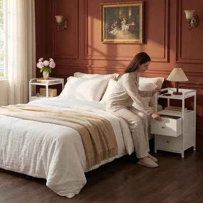 Produktbild von Nachttisch 2er Set, Schmal Beistelltisch mit 2 Stoff-Schubladen, Schmaler Nachttische mit offenes Fach, Nachtschrank für Schlafzimmer, Wohnzimmer
