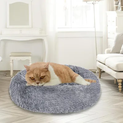 Produktbild von ISOISL Hundebett 60 cm Hellgrau, weiches rundes Haustierbett aus Langplüsch mit hohem Rand und Antirutschboden