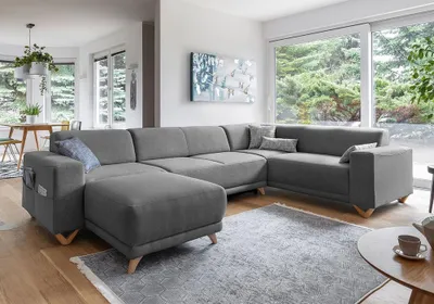 Image de MIUFORM Classy Sophie - Canapé d'angle avec fonction lit et coffre de lit U-FORM DROITE - 330x212cm - Gris - Canapé Canapé-lit