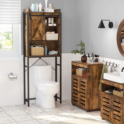 A bathroom scene featuring a toilet with an over-the-toilet storage unit and a wooden cabinet with a sink.