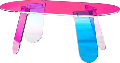 A clear, professional shot of an acrylic coffee table with a pink top and legs that gradient from pink to blue and clear.