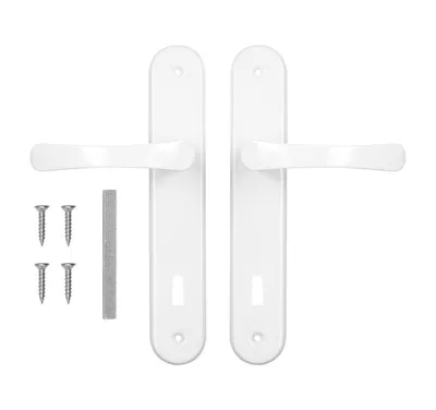 A set of white door handles and screws on a white background.