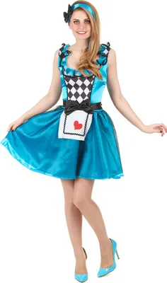 A woman is modeling a blue Alice in Wonderland-style costume.