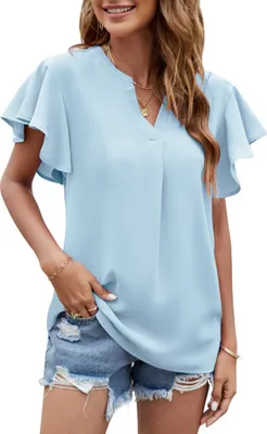 Image de ASKSA Chemisier Femme Mousseline Elégant Col en V Ruffles Eté Manches Courtes Tops Tunique Casual, Bleu Ciel, S