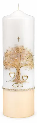 Produktbild von Hochzeitskerze Stumpenkerze mit Lebensbaum & Herzen mit Namen & Datum