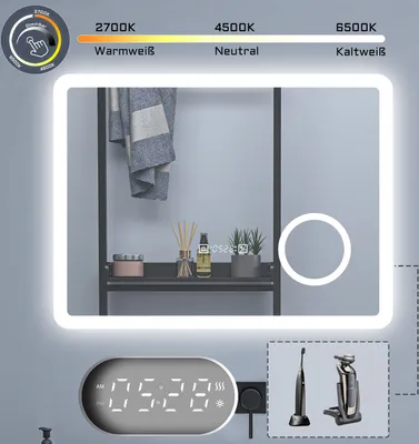 Produktbild von Badspigel mit Steckdose 120×70cm Uhr LED Schminkspiegel Kalt/Neutral/Warmweiß dimmbar Memory Beschlagfrei eine Stunde automatische Abschaltung Wandschalter Spiegel mit LED Beleuchtung