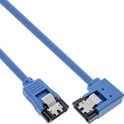 Produktbild von InLine SATA 6Gb/s Anschlusskabel rund, abgew. rechts, blau, mit Lasche, 0,3m, 0,3 m, Blau, 15 g, 85 mm, 130 mm, 28 mm