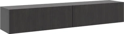 A dark gray, two-door TV stand with a ribbed texture.