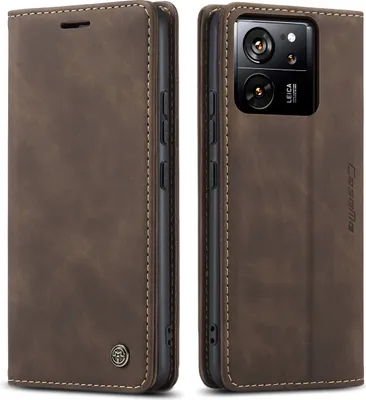 A brown leather flip case for a smartphone, shown from the front and back.