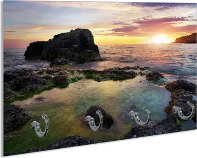 Produktbild von Wallario Handtuchhalter aus Glas, Motiv: Felsige Küste bei Sonnenuntergang, 30 x 20 cm mit 4 Haken