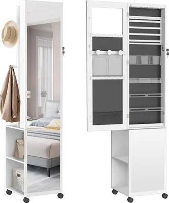 Image de YARDIN Miroir Armoire à bijoux Rangement pour bijoux avec lampes LED et serrure de sécurité Armoire à glace sur pied 3 en 1 avec roulettes et étagères 36 x 40 x 170 cm Blanc