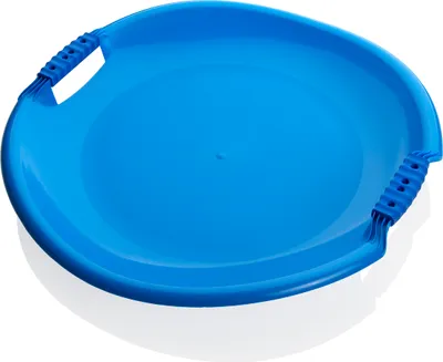 A blue saucer sled on a white and gray background.