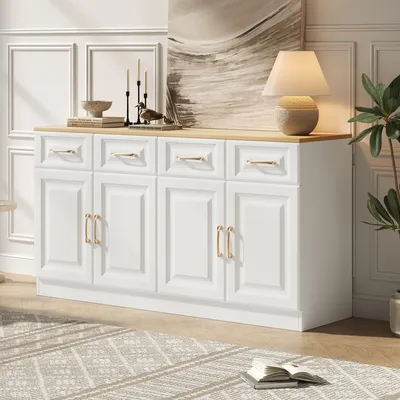 Image de MODFU Buffet avec 4 Tiroirs et 4 Portes Coulissantes - Meuble de Salon en MDF, Design Moderne, Blanc et Chêne, 140×40×75 cm